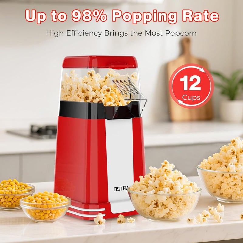 OSTBA Popcorn Maker, 1200W Mini Retro Air Popper Popcorn Machine, 12 Cups Hot Air Popcorn Popper Electric with Butter Tray, Oil-Free One-Button Control, Compact Design for Home & Gifts - Image 2